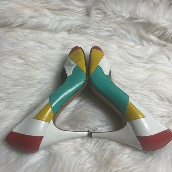 Bruno Magli leather multi color patchwork slip on heels peep toe size 7.5 - Picture 5 of 9